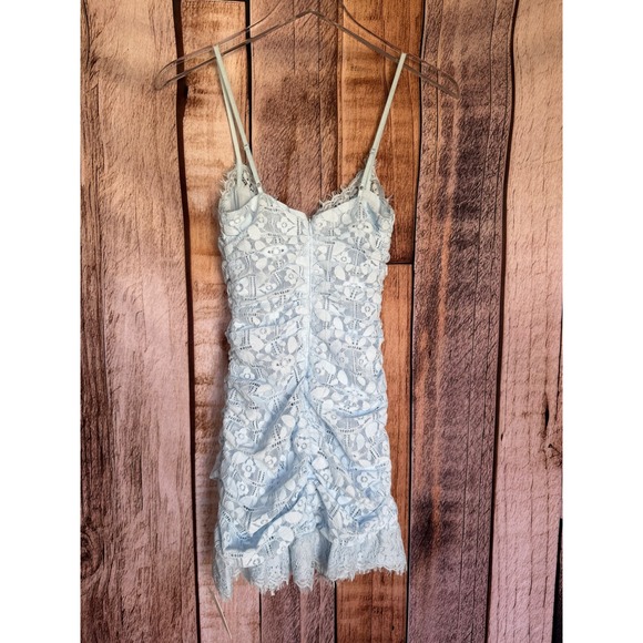 For Love & Lemons Lace Mini Dress Blue Ruched Romantic Coquette Feminine XS NWT - Picture 2 of 8
